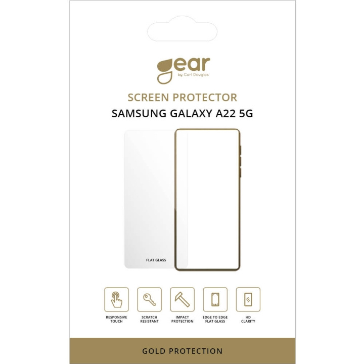 GEAR Glass Prot. Flat Case Friendly 2.5D GOLD Samsung A22 5G ryhmässä ÄLYPUHELIMET JA TABLETIT / Puhelimen suojakotelo / Samsung @ TP E-commerce Nordic AB (C12450)
