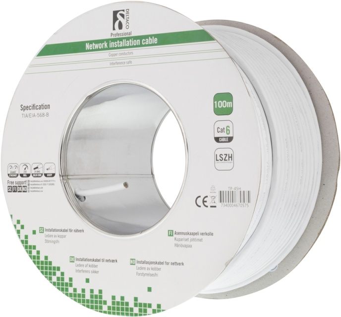 DELTACO U/UTP asennuskaapeli, Cat6, 100m kela, valkoinen