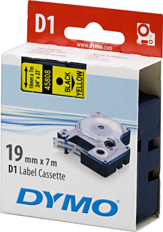 DYMO D1 merkkausteippi 19 mm, keltainen/musta teksti, 7 m