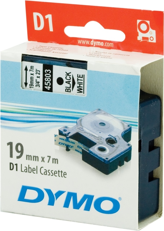 DYMO D1 merkkausteippi, 19mm,valk/musta teksti, 7m