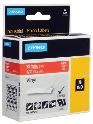 DYMO Rhino Professional, 12mm,merkkausteippi,valk. teksti pun.teipill�