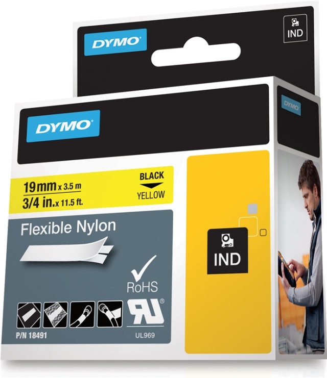DYMO Rhino PRO  joustava merkkausteippi, 19 mm, keltainen nylonteipp