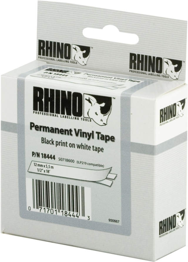 DYMO RhinoPRO merkkausteippi,vinyyli,12mm,valkoinen/musta teksti, 5.5m