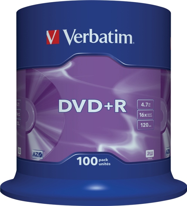 Verbatim DVD+R, 16x, 4,7 GB/120 min, 100-pakkaus spindle, AZO