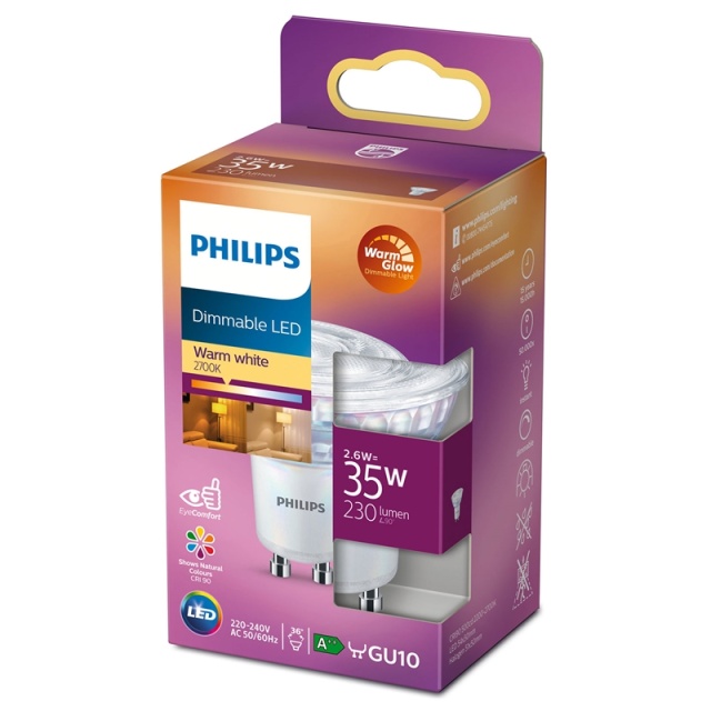 Philips Warm Glow LED -spottilamppu, GU10, 2200-2700 K, 230 lm, himmennettävä