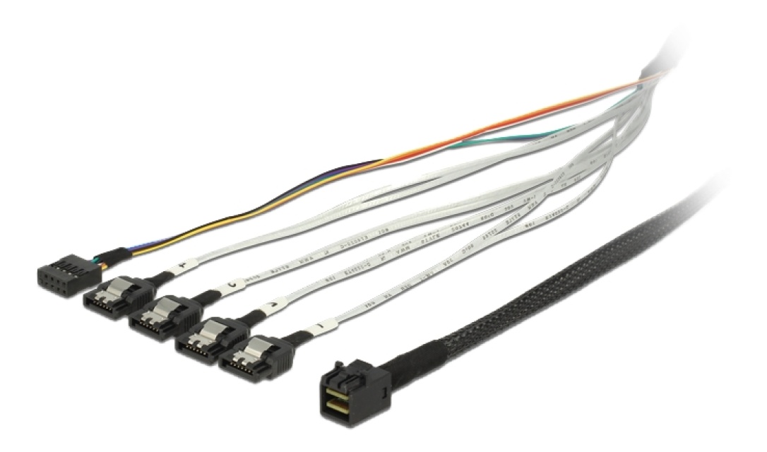 DeLOCK mini SAS-kaapeli, 0,5m SFF-8643-4xSATA 7-pin+1x8-pin Sideband