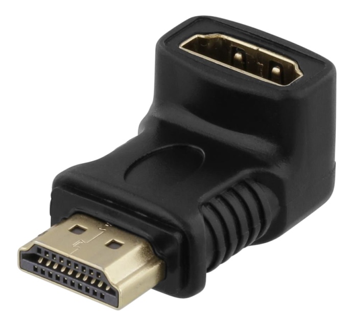 DELTACO HDMI-sovitin, 19-pin uros - naaras, kulmaliitin, musta