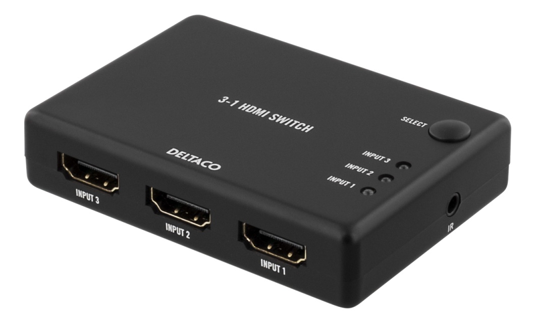 DELTACO HDMI-kytkin, 3 sisääntuloa ja 1 ulostulo, 4K 60Hz, 7.1, musta
