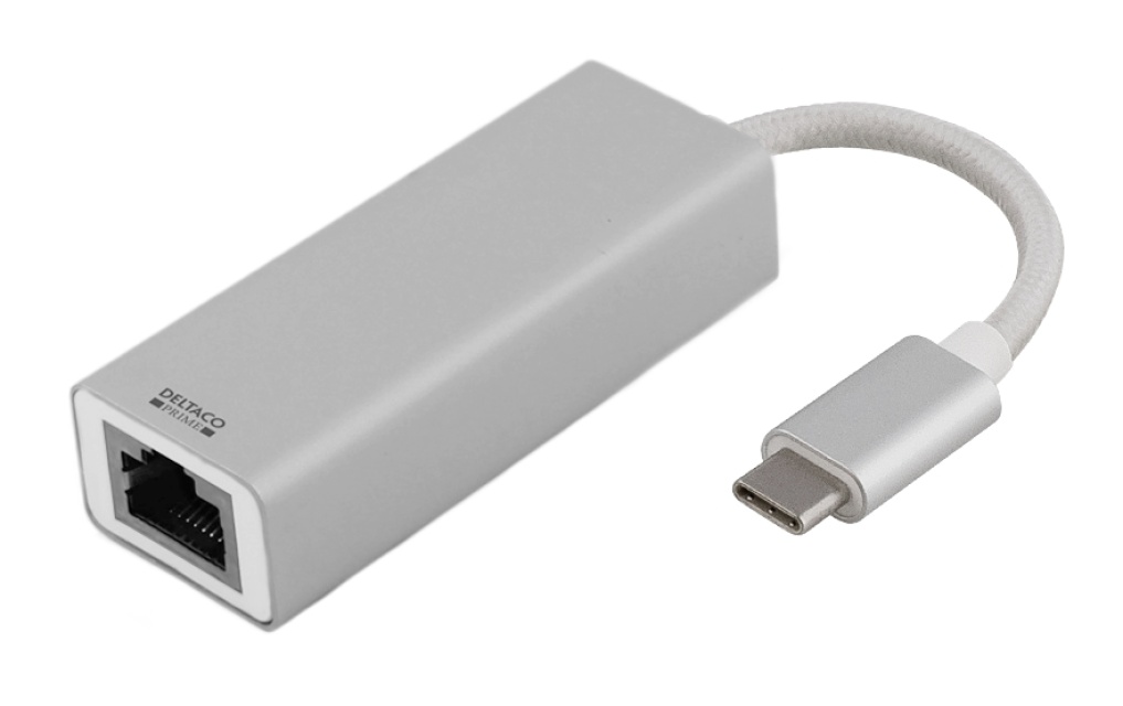 DELTACO PRIME USB-C-verkkosovitin, Gigabit, RJ45, alumiinia, hopea