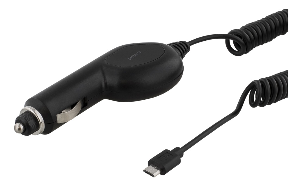 DELTACO Autolaturi, Micro USB, 1A, 12-24V, 1m kierrekaapeli, musta