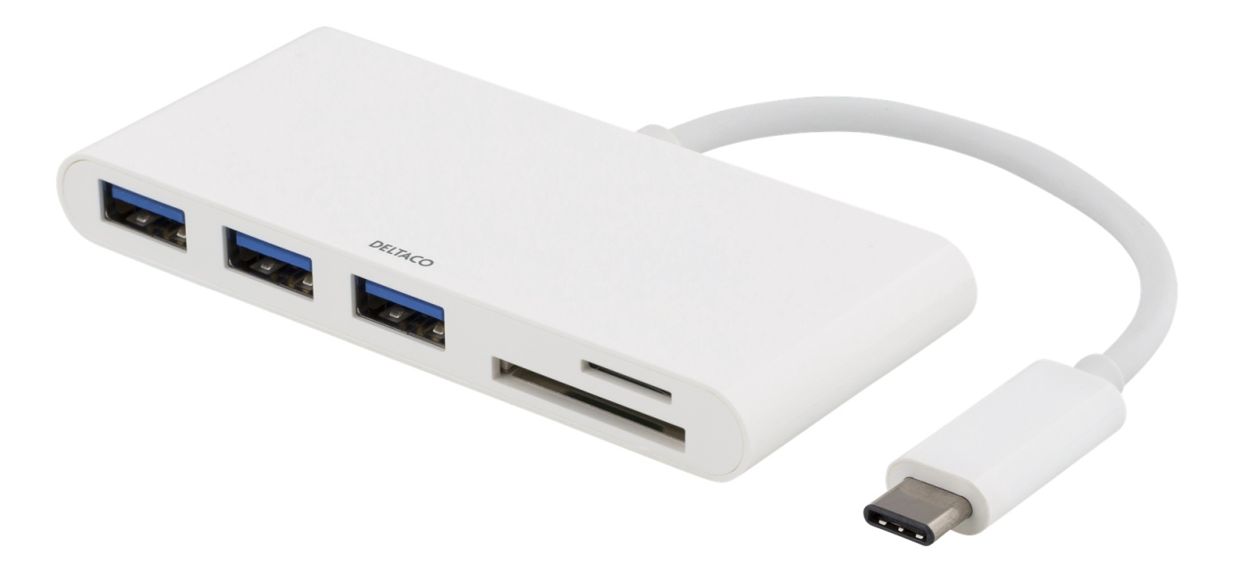 DELTACO USB 3.1 Gen 1 -hubi, USB-C, 3USB A, SD/microSD-lukija, valk.