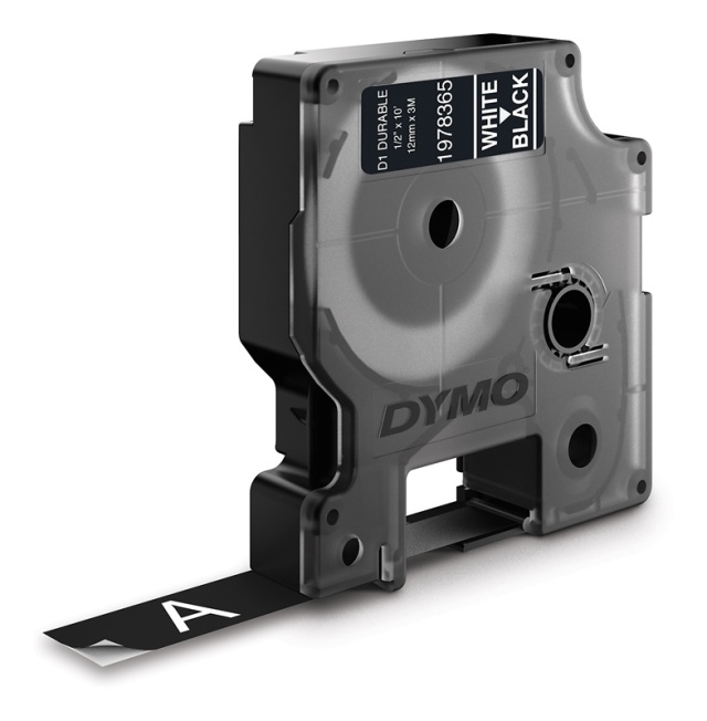 Dymo Durable D1 tape, 12mm, 3m,  valkoista tekstiä mustalla teipillä