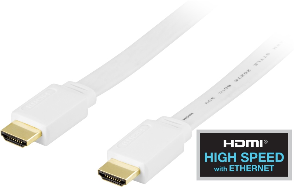 DELTACO HDMI v1.3 kaapeli 4K, Ethernet,3D, paluu, litteä valk,2m