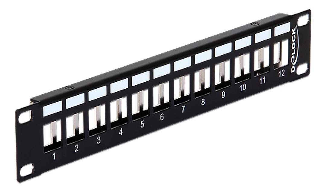 Delock 10″ 12 Porttinen kytkentäpaneeli, 1U, metallia, musta