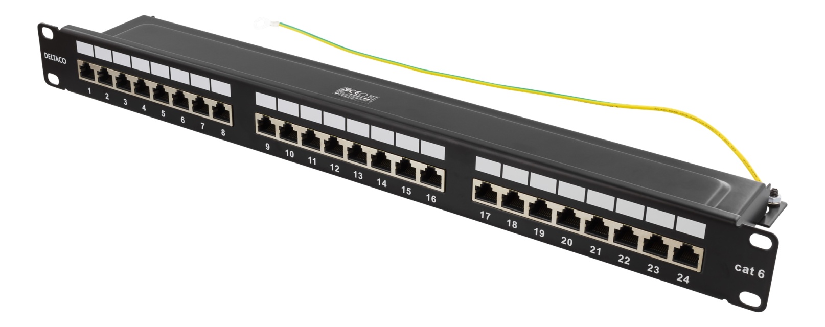 DELTACO 19" STP-kytkentäpaneeli, 24xRJ45, Cat6, 10Gbps, 1U, metallia
