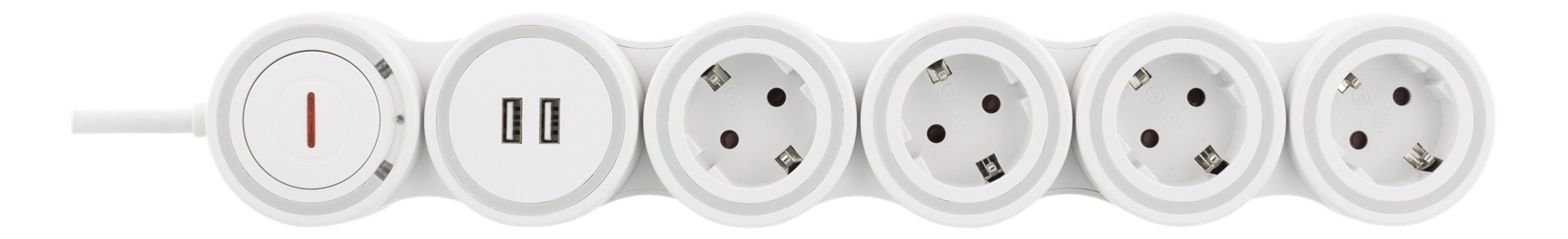 DELTACO taipuisa jatkojohto, 4 pistorasiaa, 1,4m, 16A 3500W, 2x USB-A