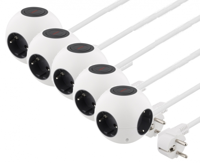 5-pack DELTACO pyöreä haaroituspistorasia, 4xCEE 7/4, 1xCEE 7/7, valk.