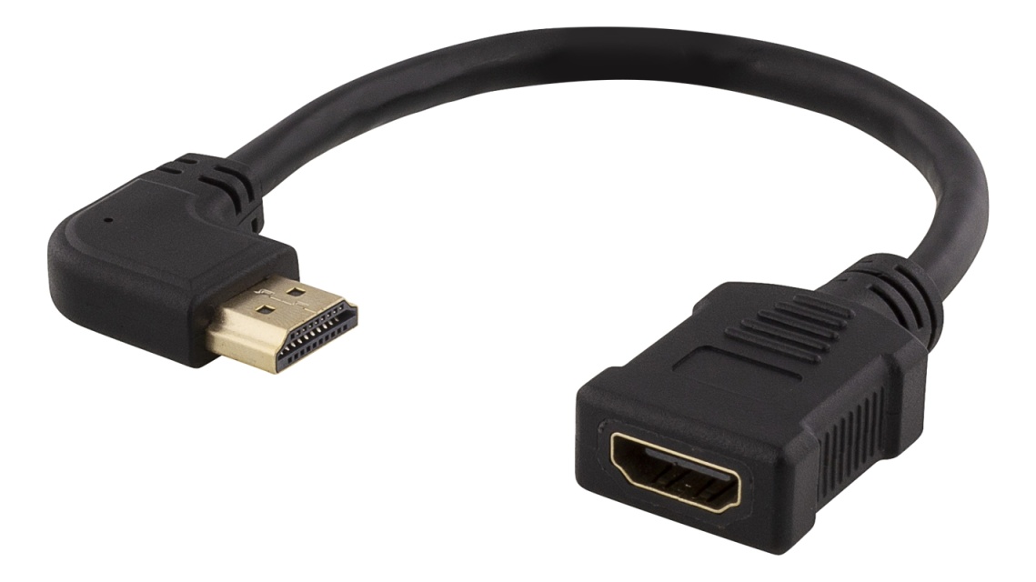 DELTACO HDMI-sovitin, 0,2m, taipuisa, lovitettu oikealta, UHD, musta