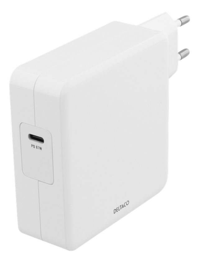 DELTACO USB-C-virtasovitin, 87W, pikalataus, USB-C PD, valkoinen