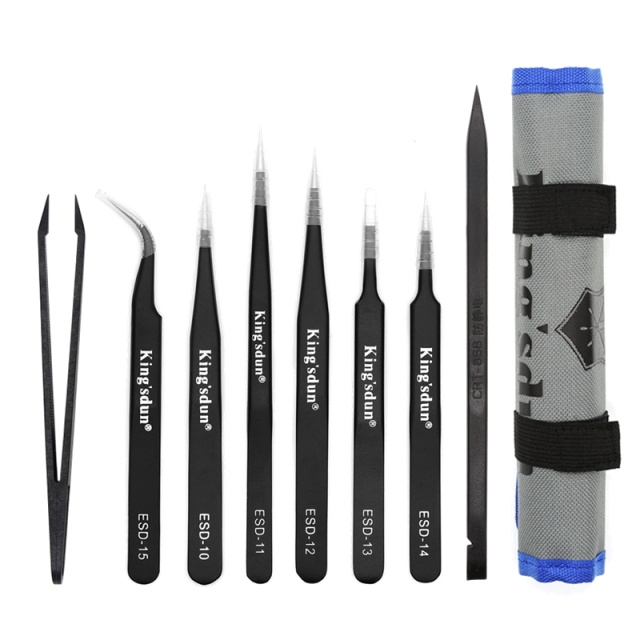Kingsdun tip set, 8 parts, ESD, tweezers, black
