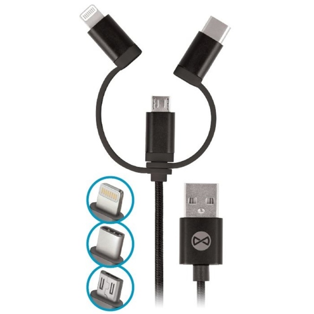 Forever 3in1 nailon microUSB + Lightning + USB type-C Musta