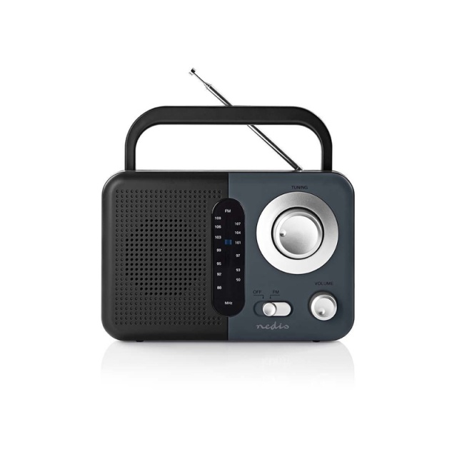 Nedis FM-radio | Kannettava malli | FM | Paristokäyttöinen / Verkkovirtakäyttöinen | Analoginen | 2.4 W | Mustavalkoinen näyttö | Kuulokkeiden lähtöliitäntä | IP20 | Kahva | Harmaa / Musta