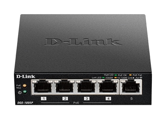 D-Link DGS-1005P pöytämallinen kytkin, 5 porttia, Gigabit, PoE+, musta