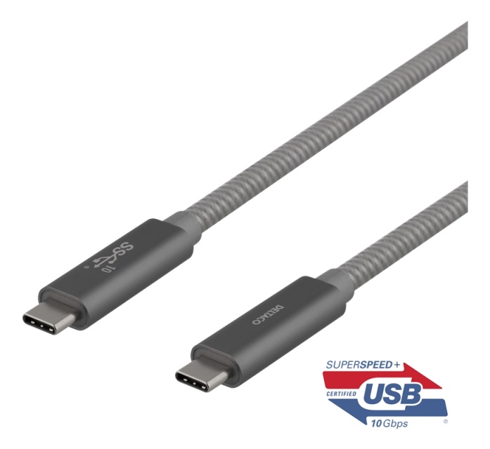 DELTACO USB-C SuperSpeed -kaapeli, 1m, USB 3.1 Gen 1, 100W, harmaa