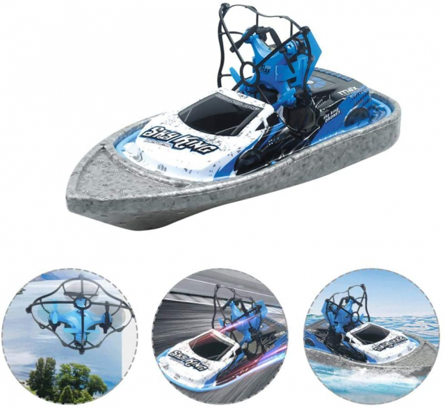 3-in-1 radio-ohjattava maastoajoneuvo 2.4 G - Drone, vene, auto 4-akselinen, sininen/harmaa