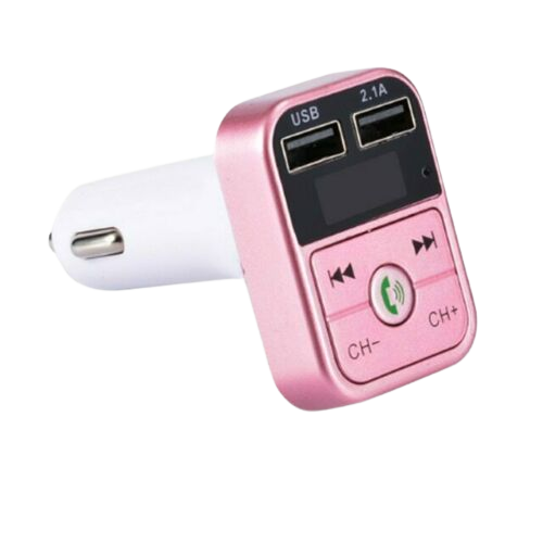 2-in-1 FM-lähetin kahdella USB-liitännällä, näytöllä ja painikkeilla, vaaleanpunainen väri