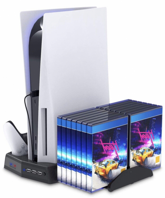 Latausteline, jossa on jäähdytystuulettimet ja pelien säilytys PS5:lle