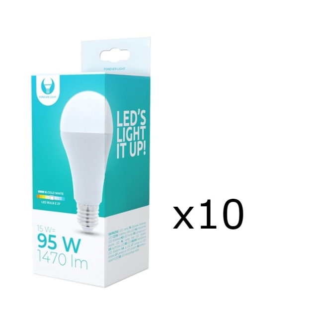 LED-lamppu E27, A65, 15W, 230V, 6000K 10-pack, viileä valkoinen
