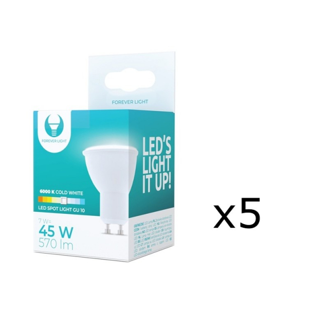 LED-lamppu GU10, 7W, 230V, 6000K, 5-pack, viileä valkoinen