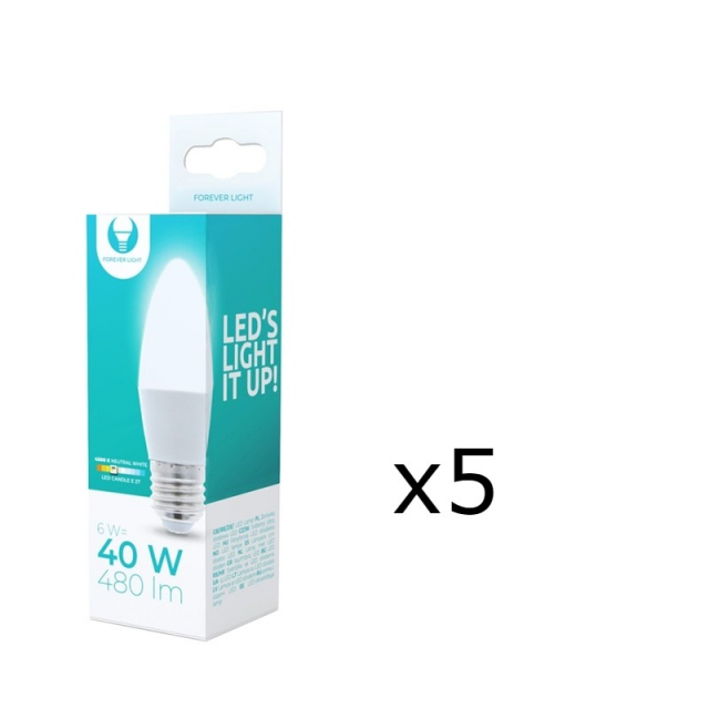 LED-lamppu E27, C37, 6W, 4500K 5-pack, valkoinen neutraali