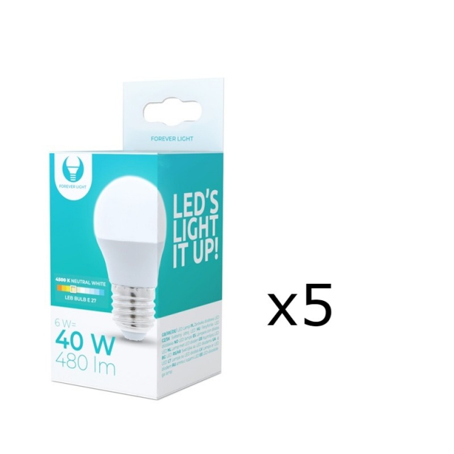 LED-lamppu E27, G45, 6W, 4500K 5-pack, valkoinen neutraali