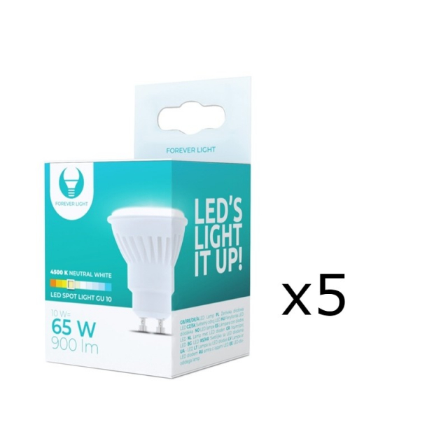 LED-lamppu, GU10, 10W, 230V, 4500K, keraaminen, 5-pack, valkoinen neutraali