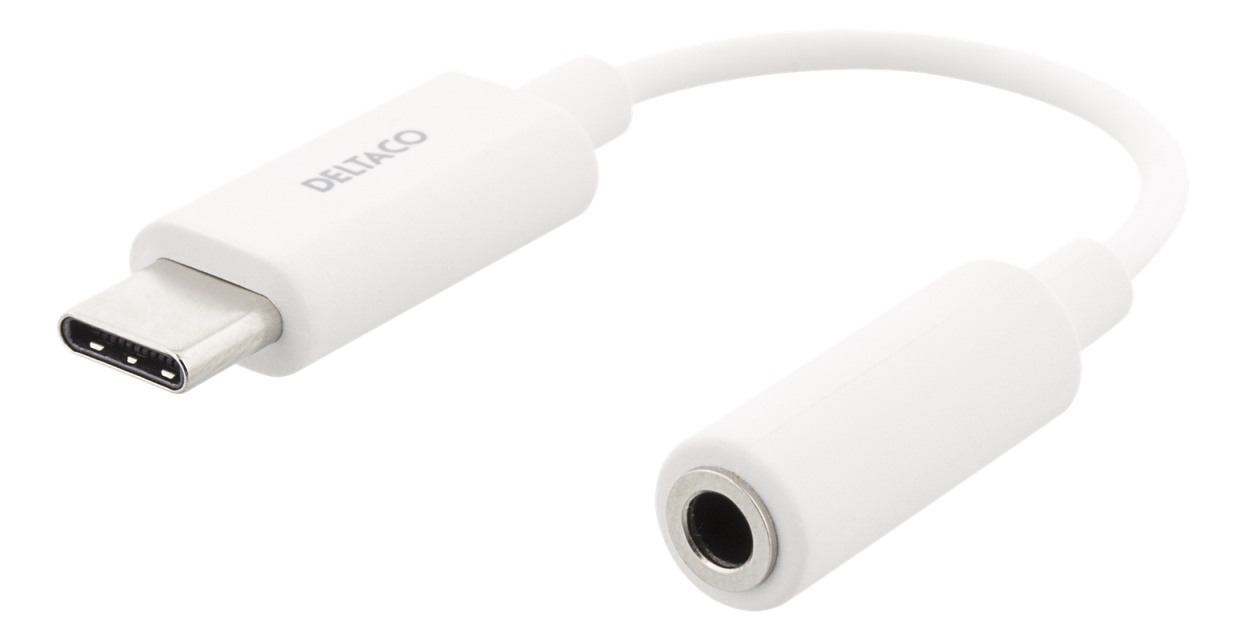 DELTACO sovitin USB-C - 3,5mm, stereoääni, aktiivinen, 11cm, valkoinen