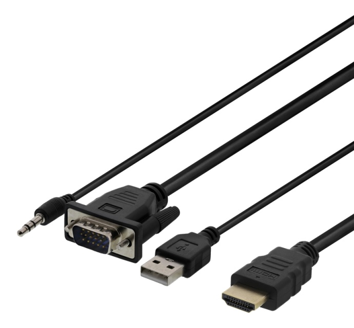 DELTACO sovitin VGA/ääni - HDMI, 2m, FHD, USB-virransyöttö, musta