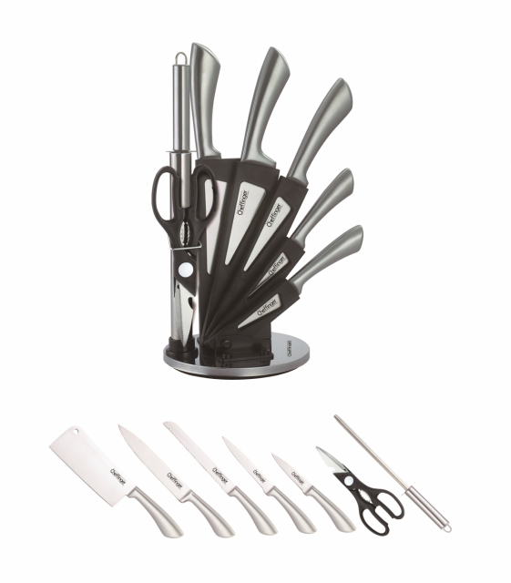 8-osainen veitsisarja, pyörivä veitsiteline, ruostumattomasta teräksestä valmistetut veitset