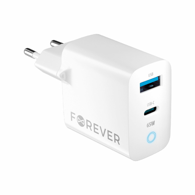 Forever GaN TC-06-65AC PD QC seinälaturi 1x USB-C 1x USB 65W