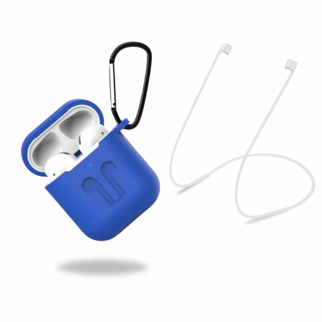 Silikoninen suojakotelo, jossa kuulokehihna ja riipus Apple Airpodsille, sininen