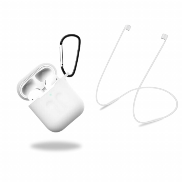 Silikoninen suojakotelo, jossa kuulokehihna ja riipus Apple Airpodsille, valkoinen/läpinäkyvä