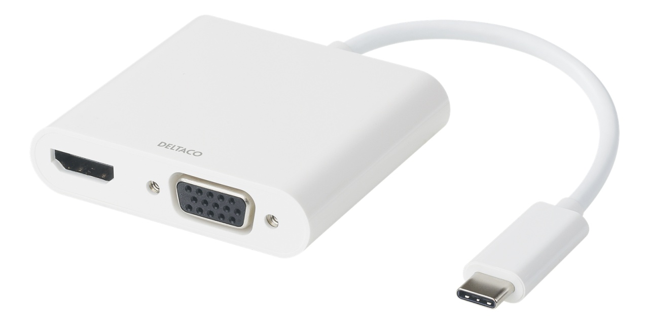 DELTACO USB-C-telakointiasema, HDMI/VGA/USB-C, 100W, PD 3.0, valkoinen