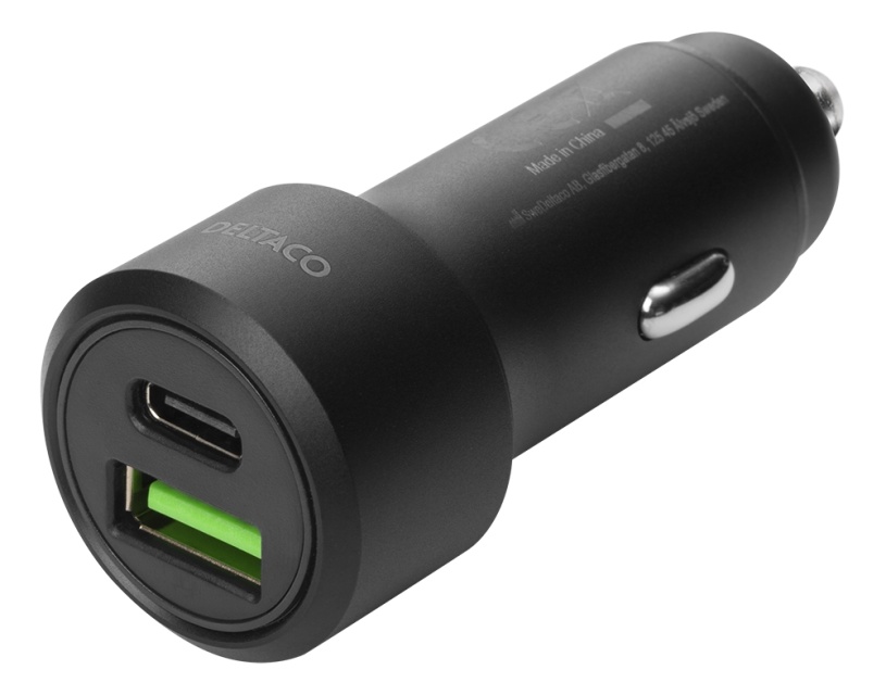 DELTACO USB-autolaturi, 1x USB-C, PD 20 W, 1x USB-A, 18 W, 38 W, musta
