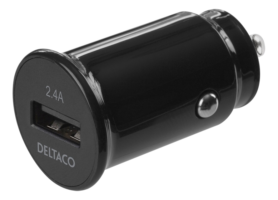 DELTACO kompakti USB-autolaturi, 12V/24V, 1x USB-A, 2,4A, 12W, musta