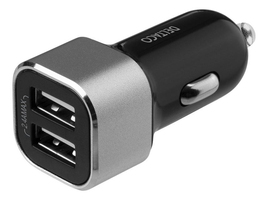 DELTACO USB-autolaturi, 2x USB-A, 17W, musta/hopea