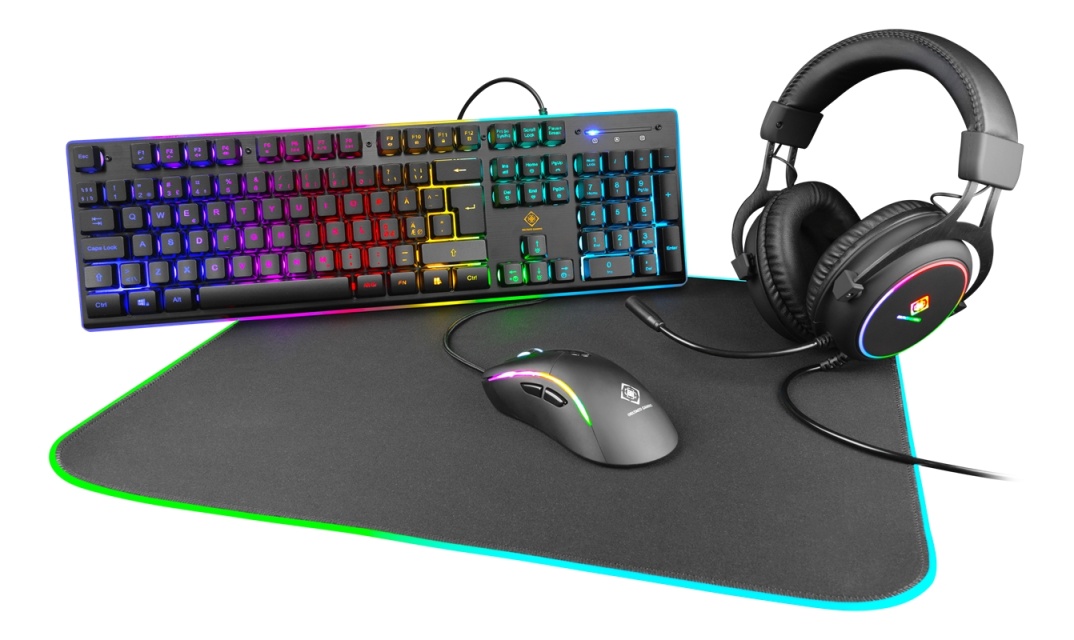 DELTACO GAMING 4in1 RGB-kit, jossa näppäimistö, hiiri, kuulokkeet, hiirimatto
