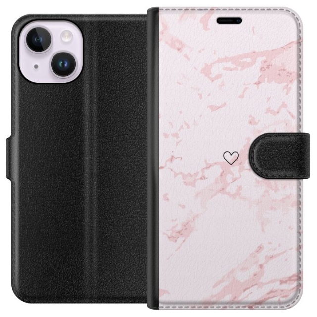 Lompakkokotelo Apple iPhone 14-laitteelle, jossa on Roosa Sydän kuvio