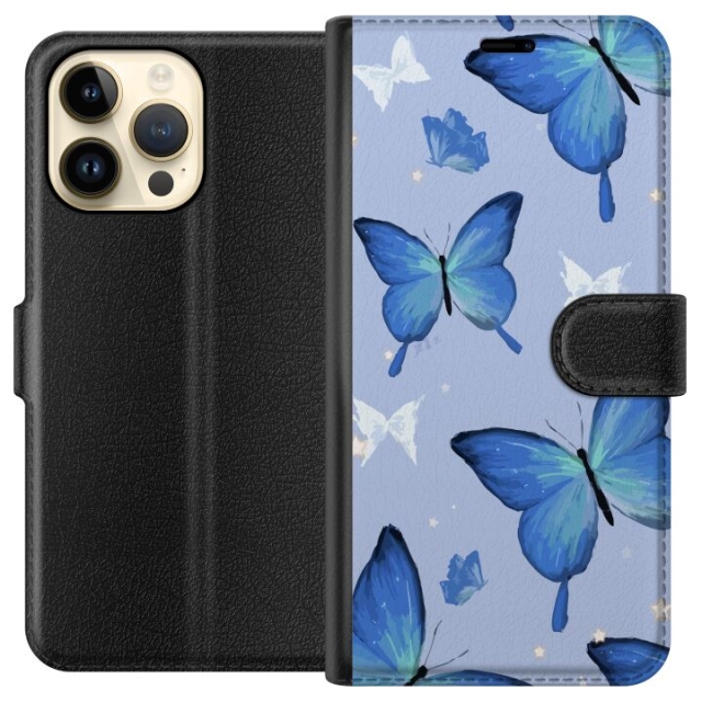 Lompakkokotelo Apple iPhone 14 Pro Max-laitteelle, jossa on Sinisiä perhosia kuvio