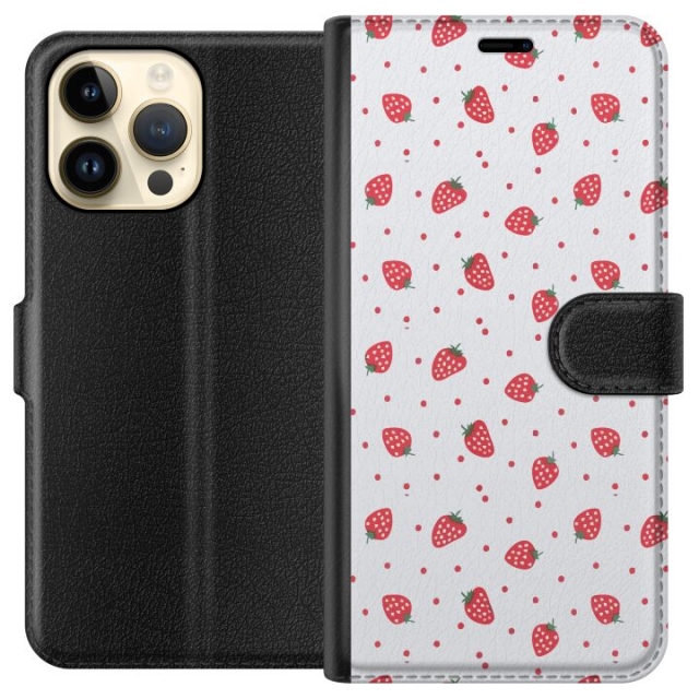 Lompakkokotelo Apple iPhone 14 Pro Max-laitteelle, jossa on Mansikat kuvio